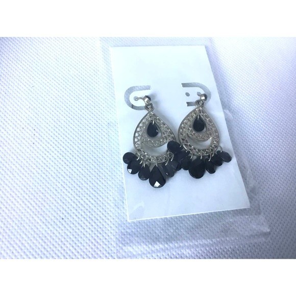 Silver tone chandelier earrings with black beads - Picture 3 of 3